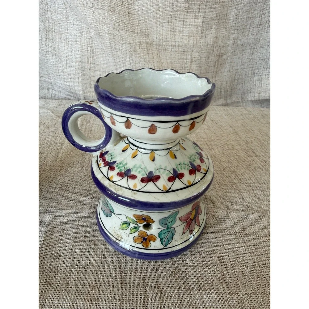 Brilho e Arte Candle Holder Portugal Ceramic Blue Floral Vintage Excellent